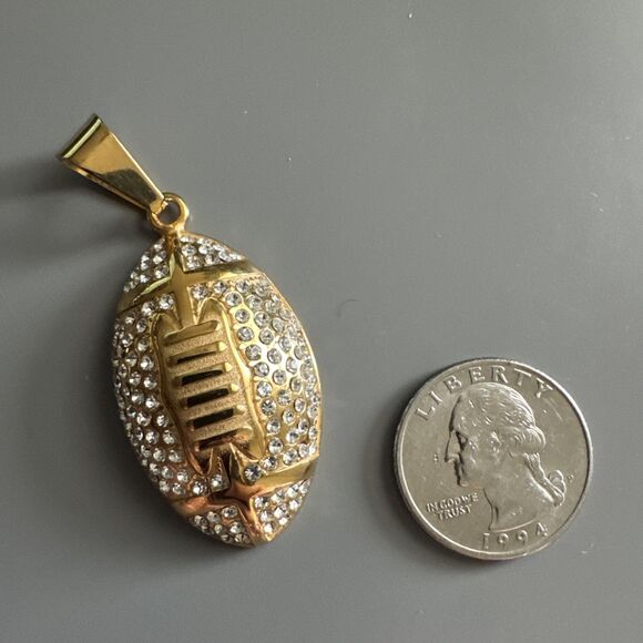 Football Pendant Chain Stainless Steel Super Bowl Gift Men’s Cubic Zirconia Gold - Picture 3 of 6